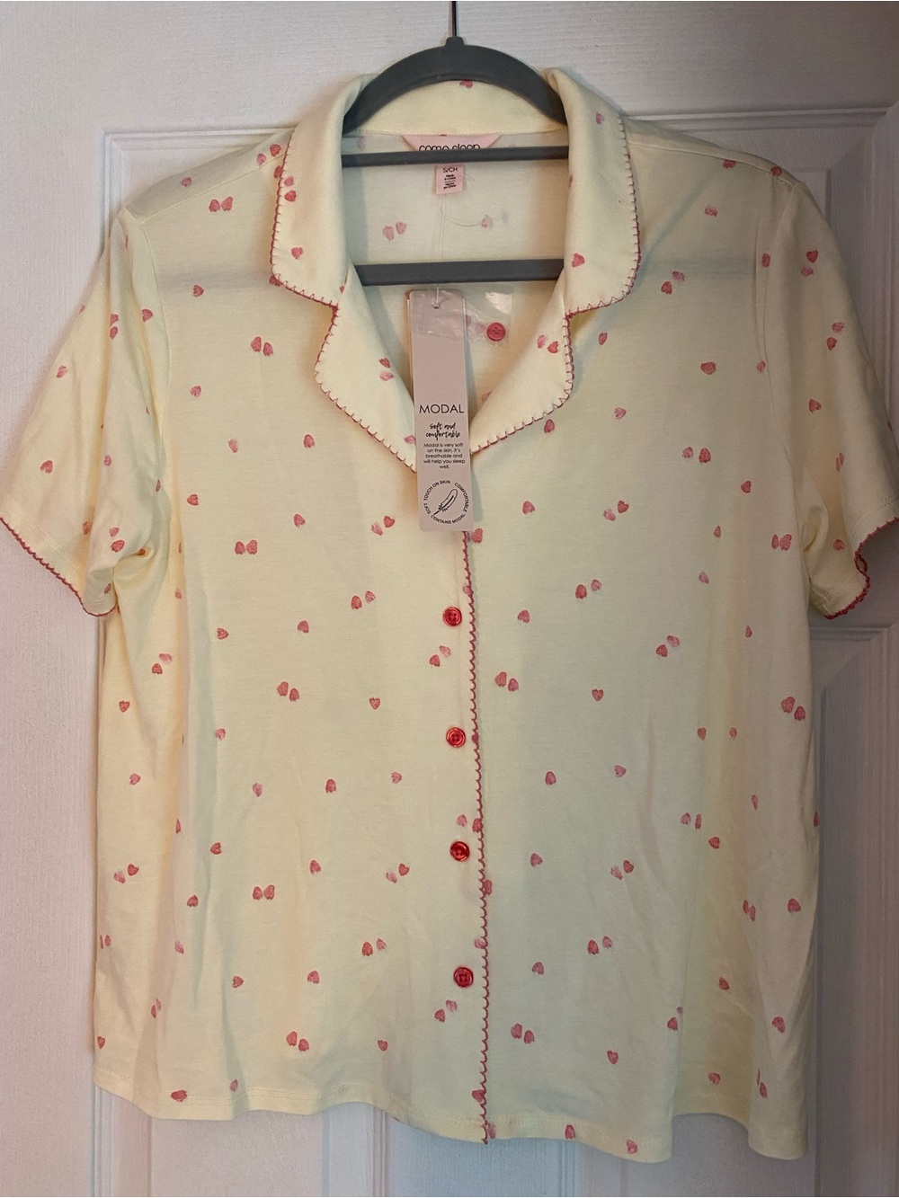 Modal Short-Sleeve Button-Up pajamas Cream with Pink Heart Print